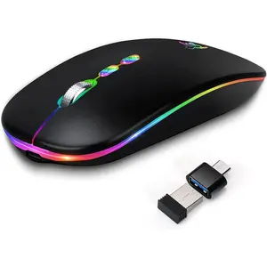 LED Wireless Mouse, Slim Rechargeable Silent Portable USB Optical 2.4G Wireless Bluetooth Two Mode Computer Mice with USB Receiver and Type C Adapter (Black)