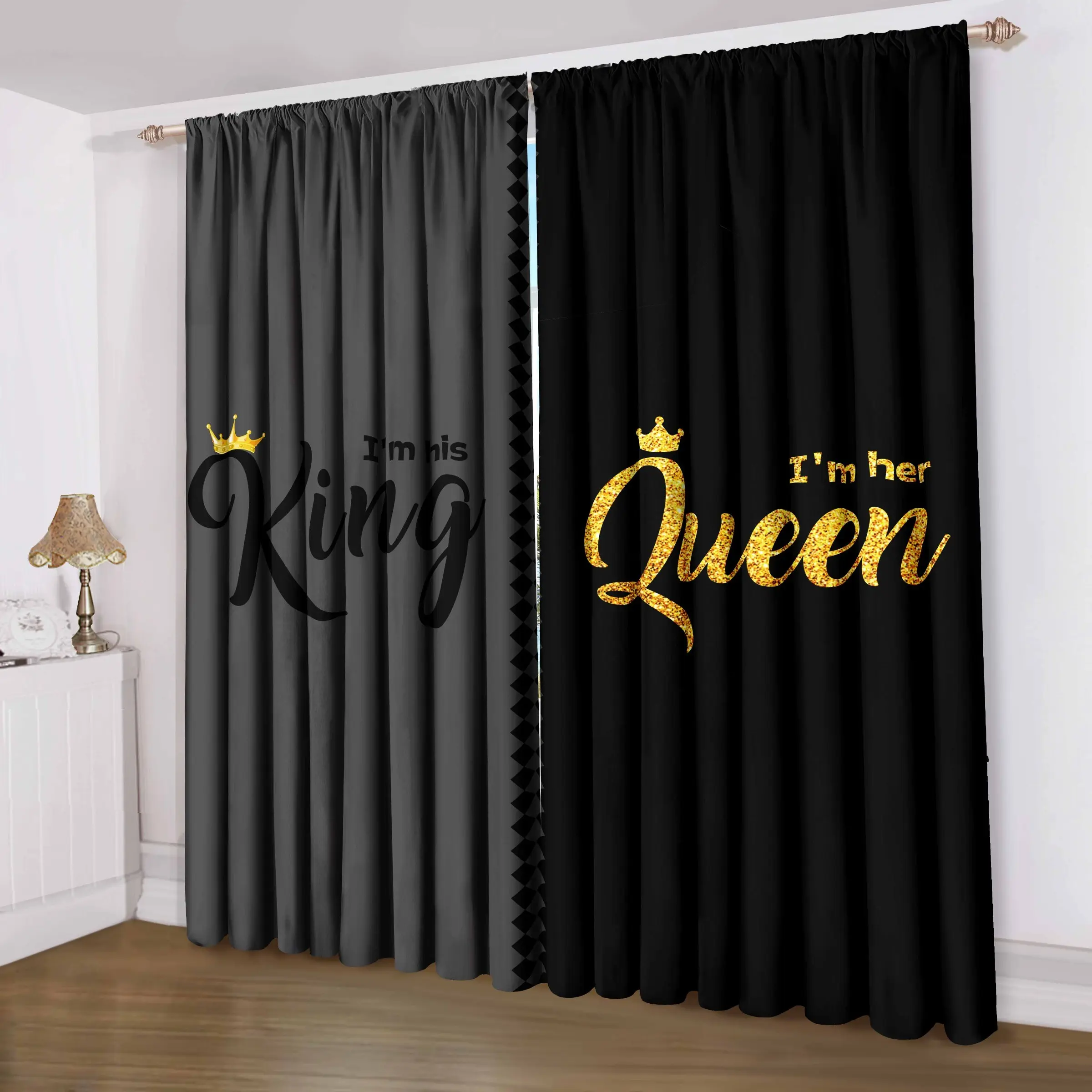 King Queen Crown Print Curtain Rod Pocket Drapes, 2 Pieces Woven Polyester Spring Fabric, Bedroom Living Room Office Home Decoration Curtain, Home Decorative Curtain, Window Curtain