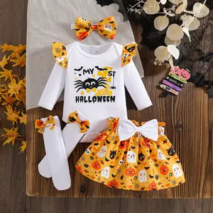 Baby “My First Halloween” Romper – Cute Spooky Letter Print Short Sleeve Outfit, Soft Fall Bodysuit for Kids, Fun Halloween Costume for Newborn or Infant