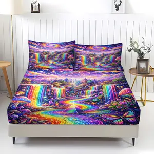3Pcs Psychedelic Rainbow River Boho Fitted Sheet Set, Enchanted Forest and Vibrant Mushroom Print Bedding Set, Dreamlike and Luminous Design, Perfect for Colorful Bedroom Makeover and Whimsical Decor,Includes 2 pillowcases (pillow inserts not included).