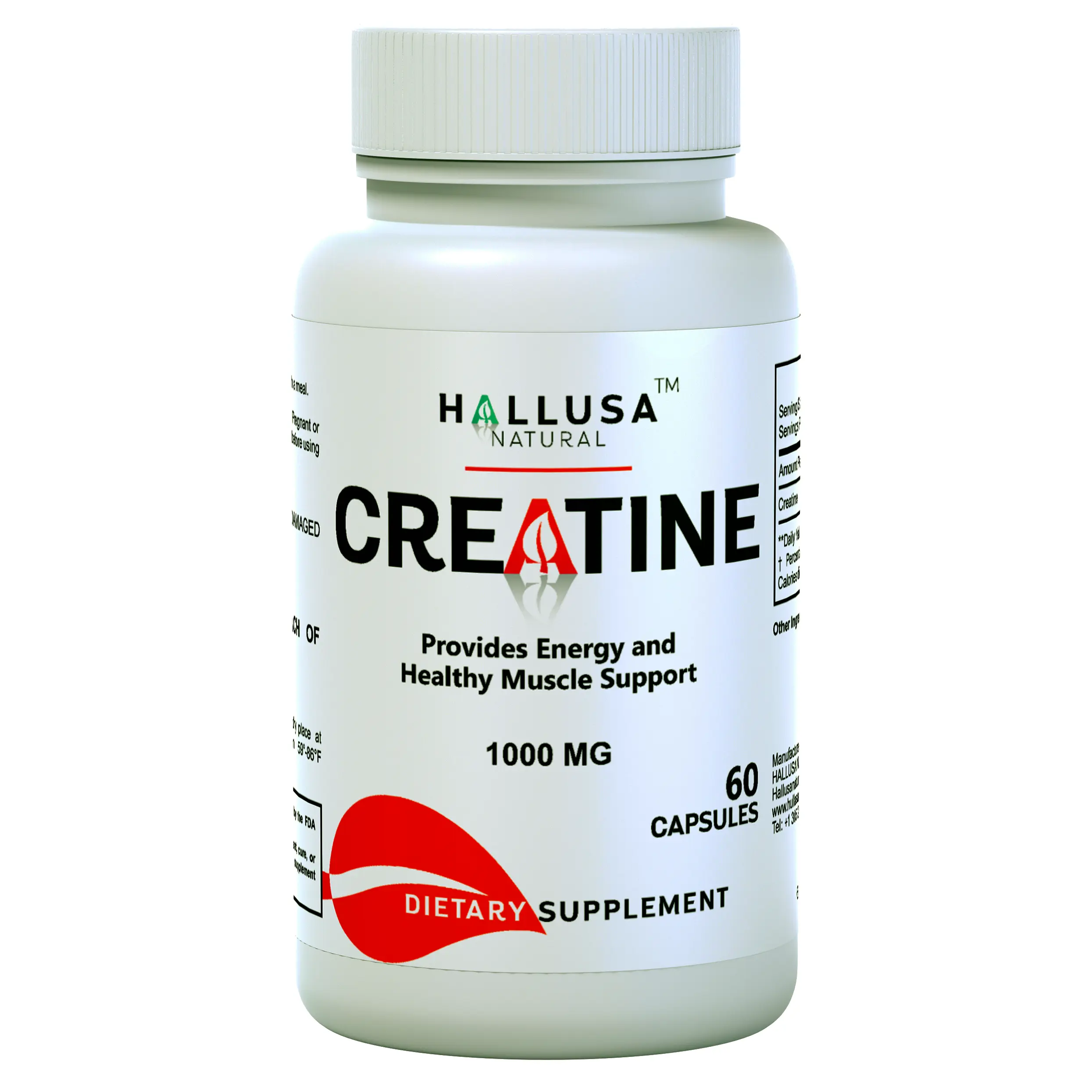 Hallusa Natural Creatine Monohydrate Capsules - 60 Count, 30-Day Supply, Organic Gluten-Free Fitness Nutrition Supplement for Muscle Building, Resistance Training & Recovery