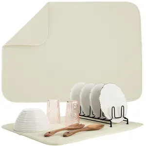 S&T INC. Dish Drying Mat XL, 18” x 24”, Absorbent Microfiber Kitchen Counter Mat, Drying Pad for Dishes, Utensils, Pots and Pans, Extra Large, Diamond Texture, Cream