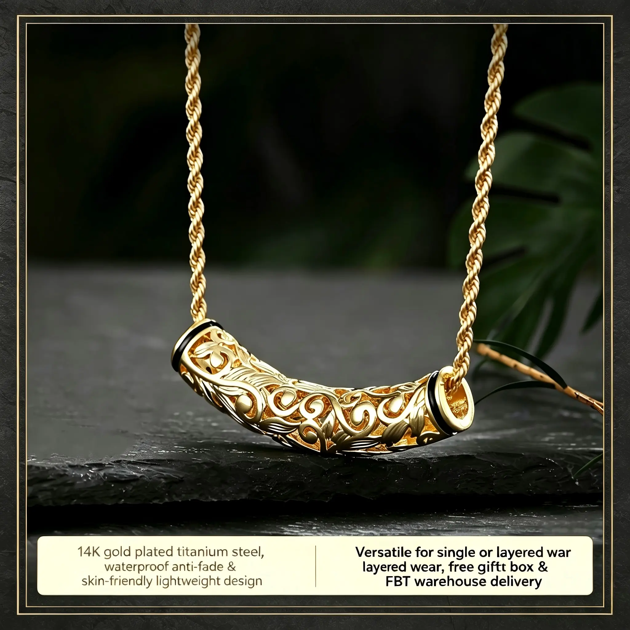 14K Golden Plated Hawaiian Plumeria Carved Pendant Necklace - Twisted Rope Chain, Alloy Construction, Pacific Island Vacation Jewelry, Valentine's Day Gift, Season-Universal