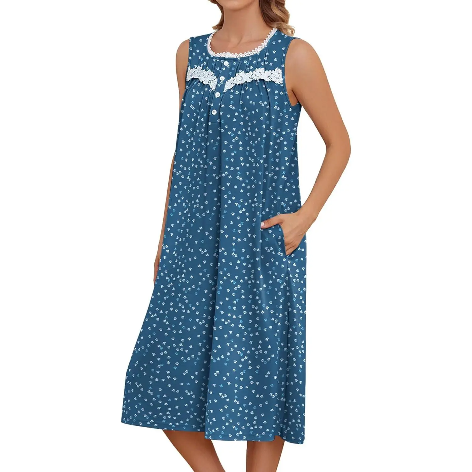 Women's Sleeveless Button-Down Pleated Long Nightgown with Pockets - Lady's Loungewear House Dress Moomoo Sleepwear, Ladies, Long Moomoo Fit