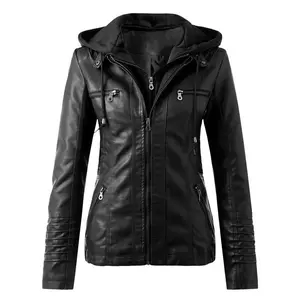 LeatherJacketWomenHoodedFauxPuLeatherMotorcycleJacketZipperLongSleeveAutumnWinterOutwearCoatsJaquetaFeminina