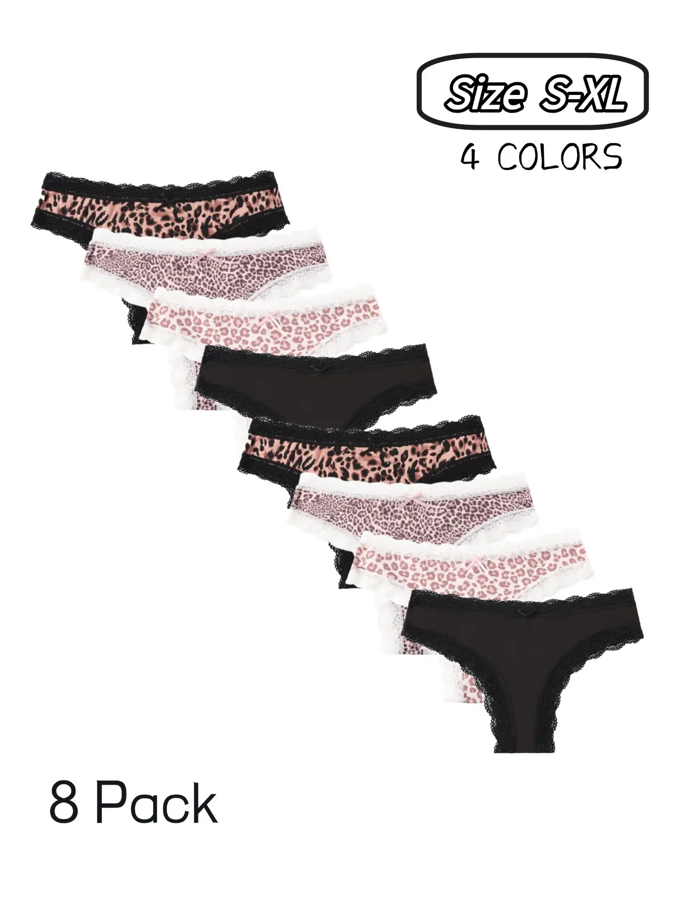 Women's Fashion Leopard Print Lace Low Waist Thong Panties, Romantic Bow Design, Comfortable Breathable Daily Underwear, 8 Pack, Comfy Breathable Panties, Breathable Knickers