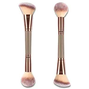 Double-Ended Foundation Makeup Brush, Angled/Round Top for Liquid, Powder & Cream Blending (Brown), champagne gold