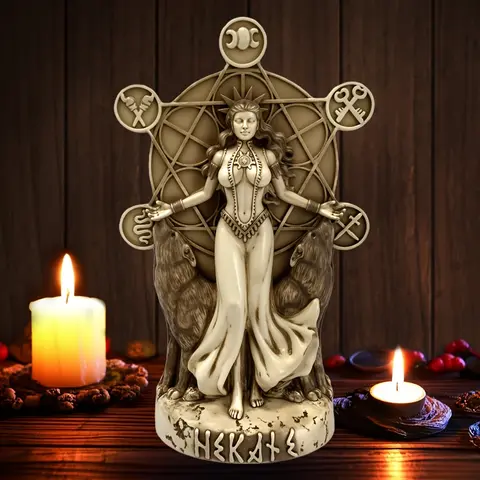 Hecate Goddess Statue, Mystery Dark Style Desktop Decoration, Tabletop Decor, Resin Ornament, Decorative Figurines, Wolf Spirit Figurine, Star Moon Symbol Details, for Mystics & Gothic Lovers, Dark Aesthetic