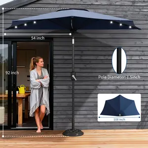 9FT Half Patio Umbrella with LED Lights – Durable Outdoor Shade Canopy, Smooth Crank Lift & Premium UV Protection. Space-saving half-round design ideal for patio, garden, deck, balcony and dining table, Navy Blue finish.