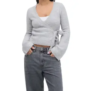 Women Y2k Side Tie Cropped Cardigan Sweater Long Sleeve Open Front V Neck Ballet Wrap Knit Crop Tops Fall Clothes