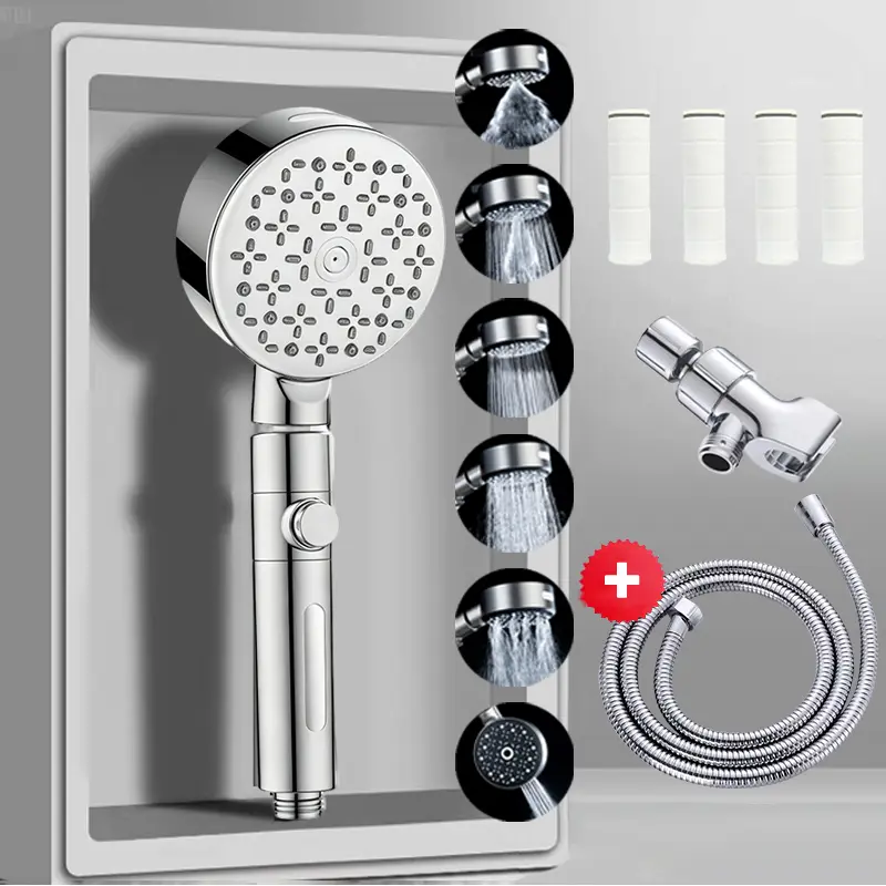 Filtered Rain Shower Head - Wall Mount High-Pressure Fixture with 6 Settings, 4 Extra Filter Cartridges, 59-inch Hose, Shower Bracket (Summervibes) Bathroom Accessory, Shower Heads