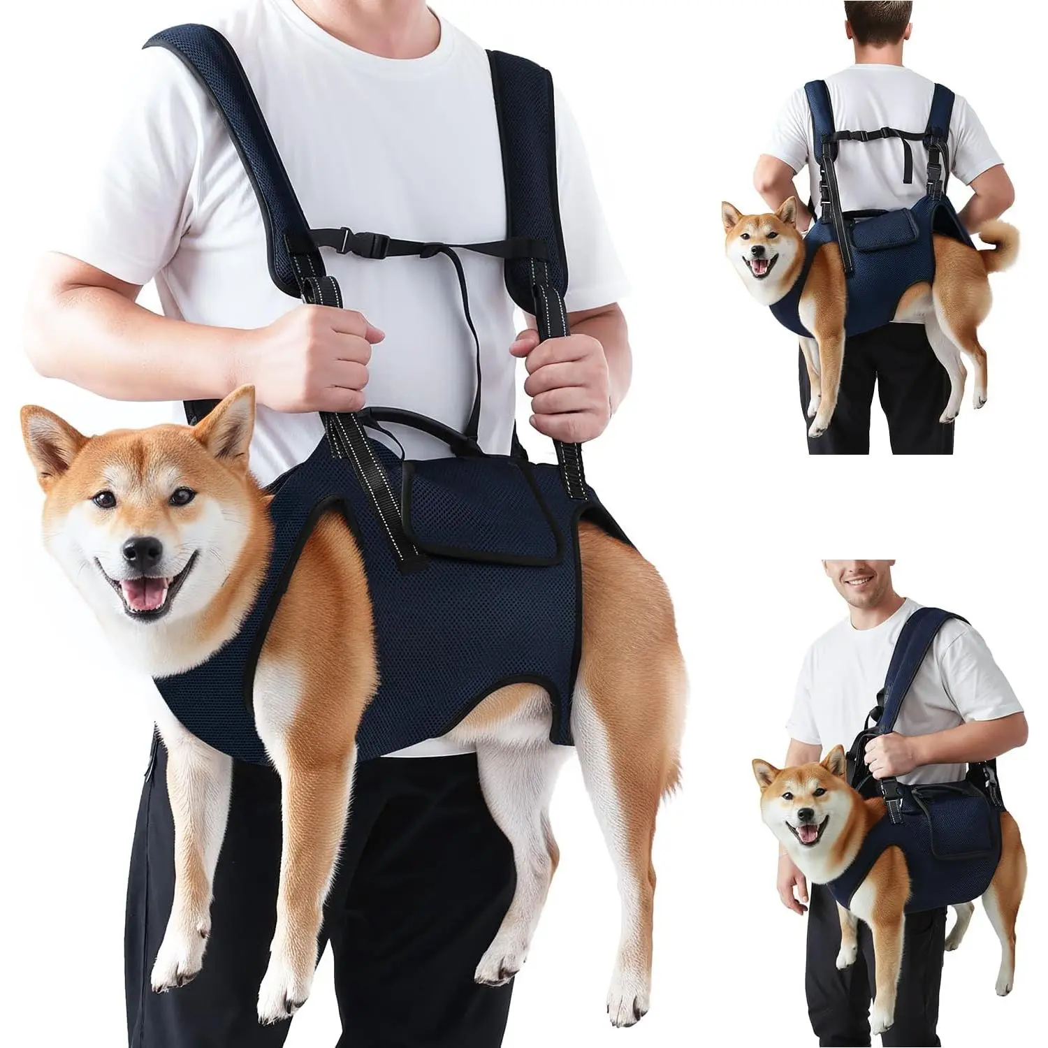 Nasjac Dog Lift Harness Carrier Backpack - 2XL Full Body Sling with Adjustable Straps, Handle, Hook and Loop, Buckle, Breathable Support, Comfortable Carry for Elderly Injured Dogs, Single/Dual Use Emergency Rescue Tool, Supportive, Polyester Mesh