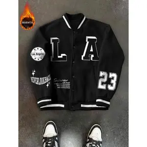 Unisex American Fleece Baseball Jacket, Letter & Number Print Motivational Slogan, Warm Streetwear for Fall Winter, Casual Fashion