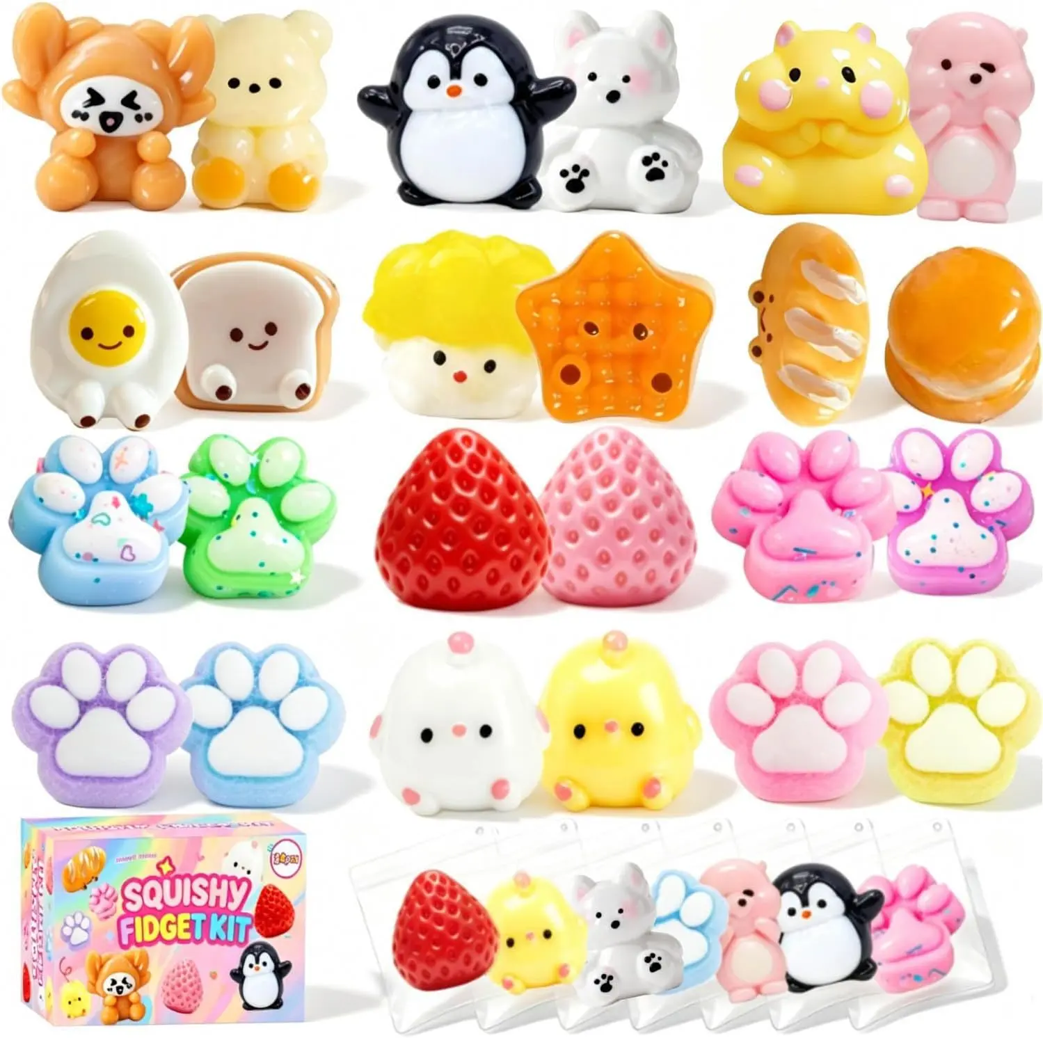 Squishy Toys - 24Pcak Mini Squishy Fidget Stress Relief Squeze Toys Kit, Includ Taba Animals, Strawberry, Cat Paw Penguin, Hamster, Squishies Squishys Birthday Christmas Gift for Girls Kids
