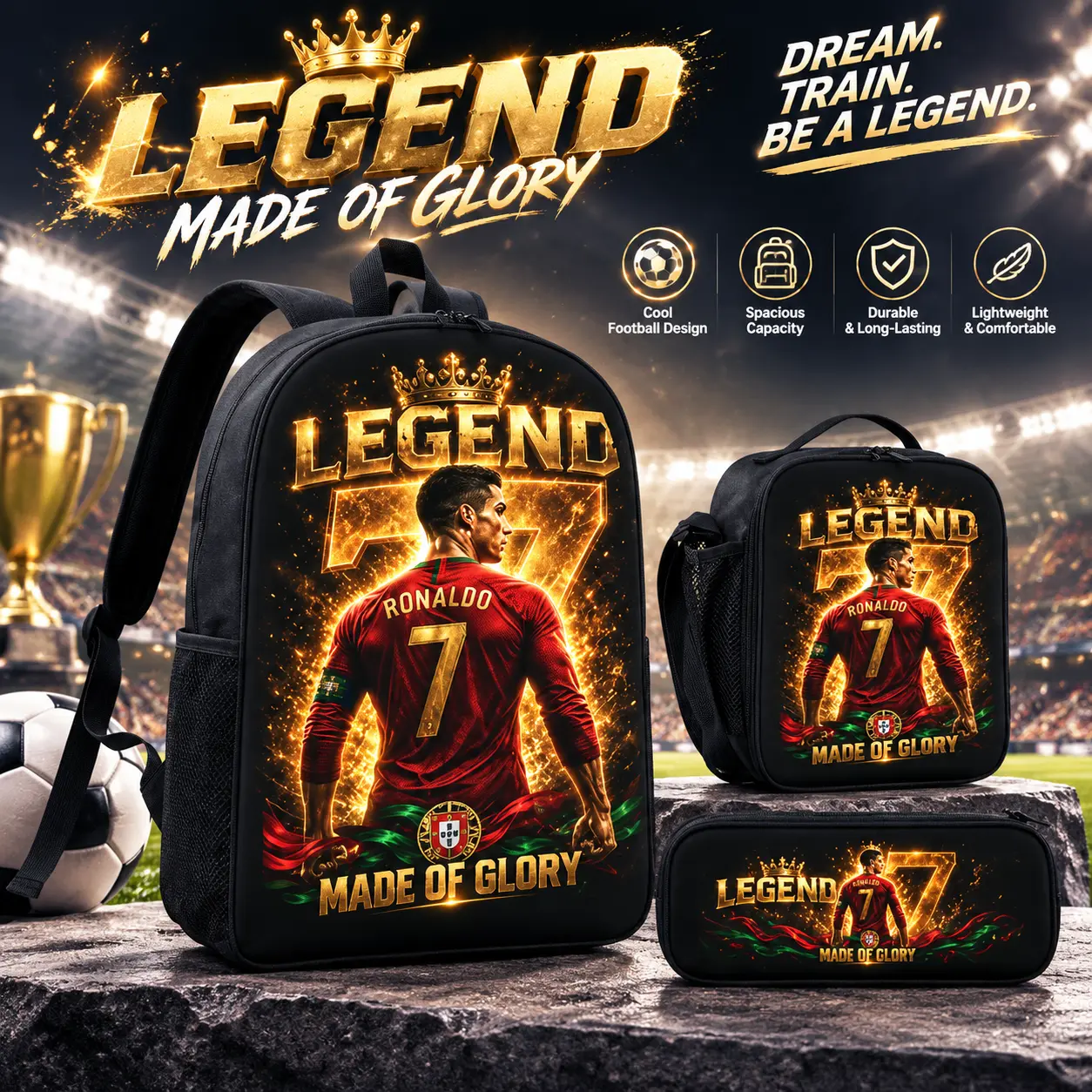 Back to School 2026 Legend 7 Soccer Backpack 3 PCS Set for Boys Teens, Ronaldo #7 Bookbag with Insulated Lunch Box and Pencil Case, Elementary Middle High School Student Bag, Sports Fan Birthday Gift