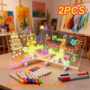 2 Piece LED Light-Up Drawing Board Set with 7 Color Pens & Night Lamp, Erasable Acrylic Message Board for Creative Activities & Professional Art Use, Portable Wipeable Board, Acrylic Drawing Markers