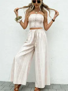 Women's Vacation Style Halter Wide Leg Pants Set, Textured Stripe Two-Piece for Beach Holiday, Stylish Summer Wear, Womenswear