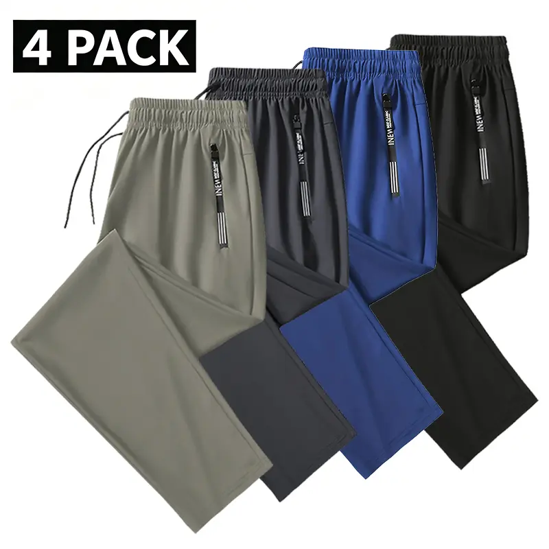 4-Pack Men’s Lightweight Breathable Casual Pants Elastic Waist Zipper Pockets Summer Sports Long Pants