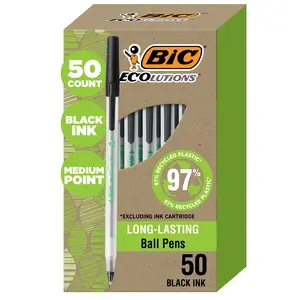 BIC Ecolutions Round Stic Ballpoint Pens, Medium Point (1.0mm), 50-Count Pack, Black Ink Pens Made from 97% Recycled Plastic
