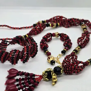 Orisha Elegua Necklace and Bracelet Set - Red and Black Beaded Jewelry with Gold Accents