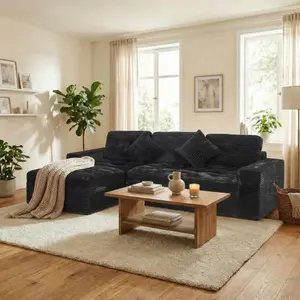 Niccae 105x65.6x24in Modular Cloud Couch Set - DIY Sectional with Ottoman, Fixed Arms, Oversize Form, Traditional Design, Compressed Pack, Pure Foam, Faux Rabbit-Inspired Plush Velvet, Black Indoor Living Room Sofa