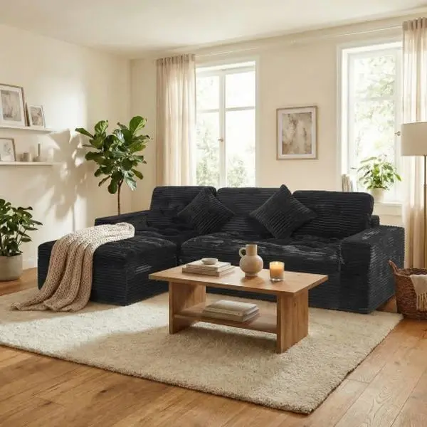 Niccae 105x65.6x24in Modular Cloud Couch Set - DIY Sectional with Ottoman, Fixed Arms, Oversize Form, Traditional Design, Compressed Pack, Pure Foam, Faux Rabbit-Inspired Plush Velvet, Black Indoor Living Room Sofa