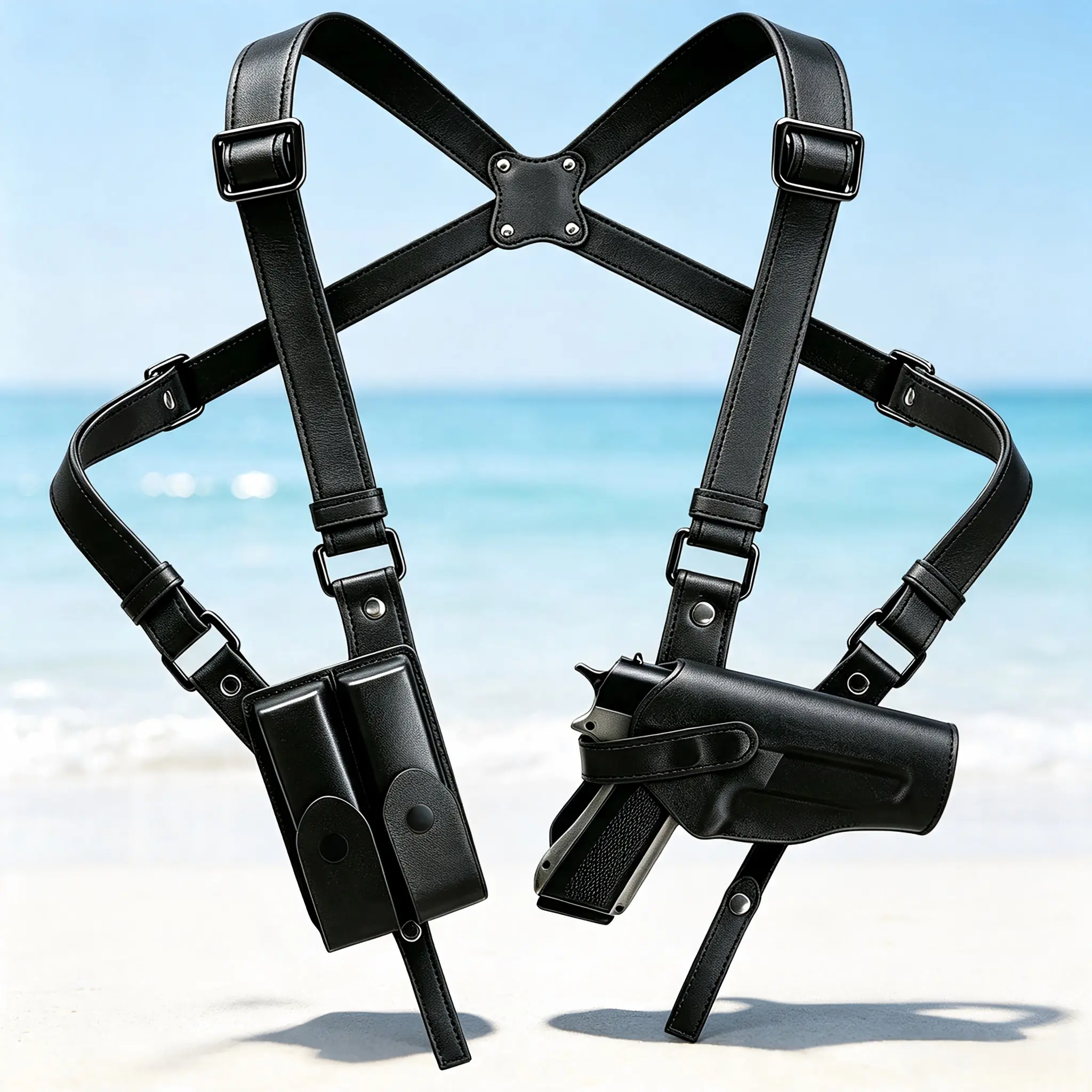 Premium Male Vertical Concealed Shoulder Holster - PU Leather, Dual Magazine Pouch, Adjustable Strap, Easy Access to Magazines, Secure, Non-Bulky Discreet Carry for 1911 Pistols, Sports & Outdoor Accessory
