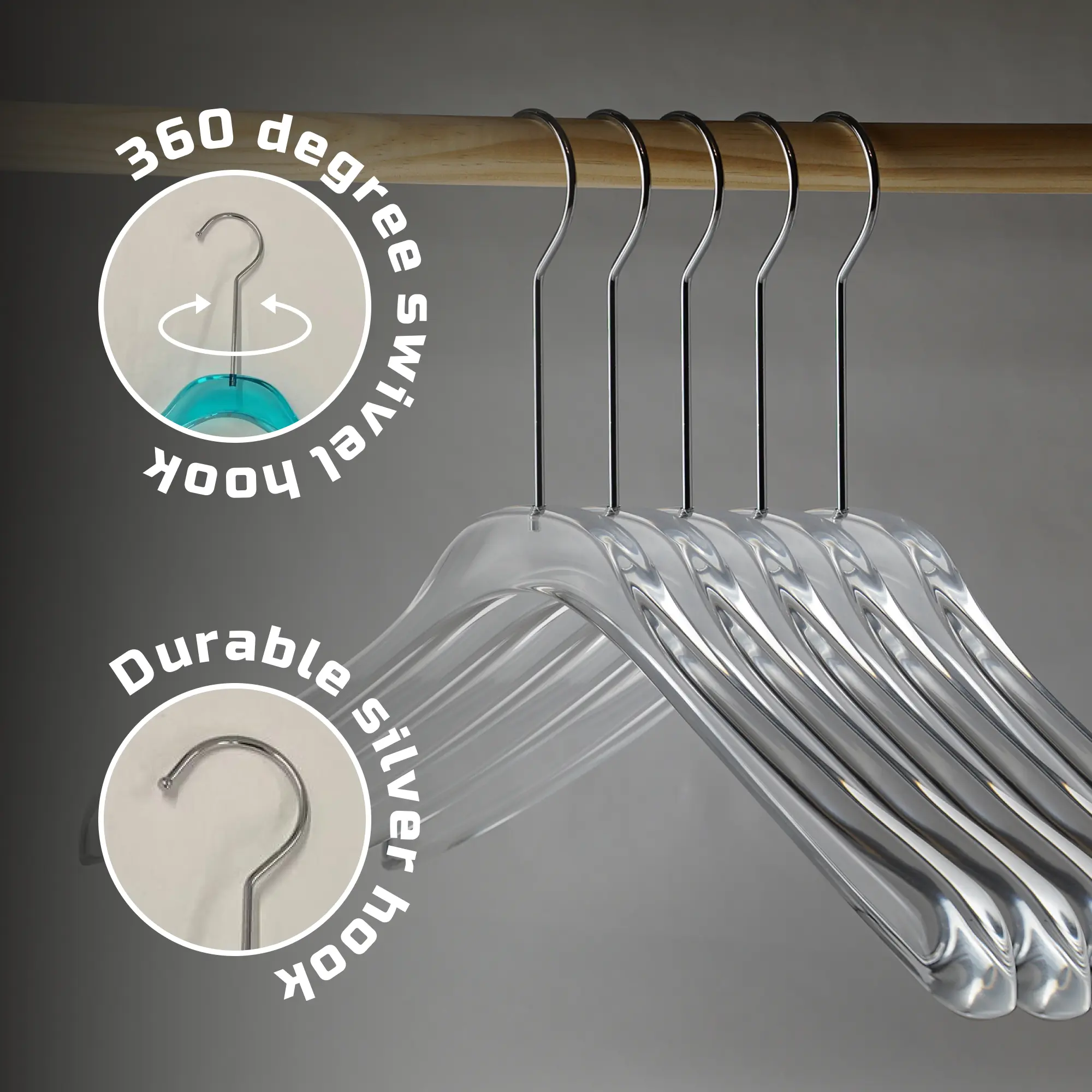 Kostaverite Blue Acrylic Clothes Hangers with Durable 360 Degree Silver Hook | Premium Quality Acrylic Hangers | 5 Pack