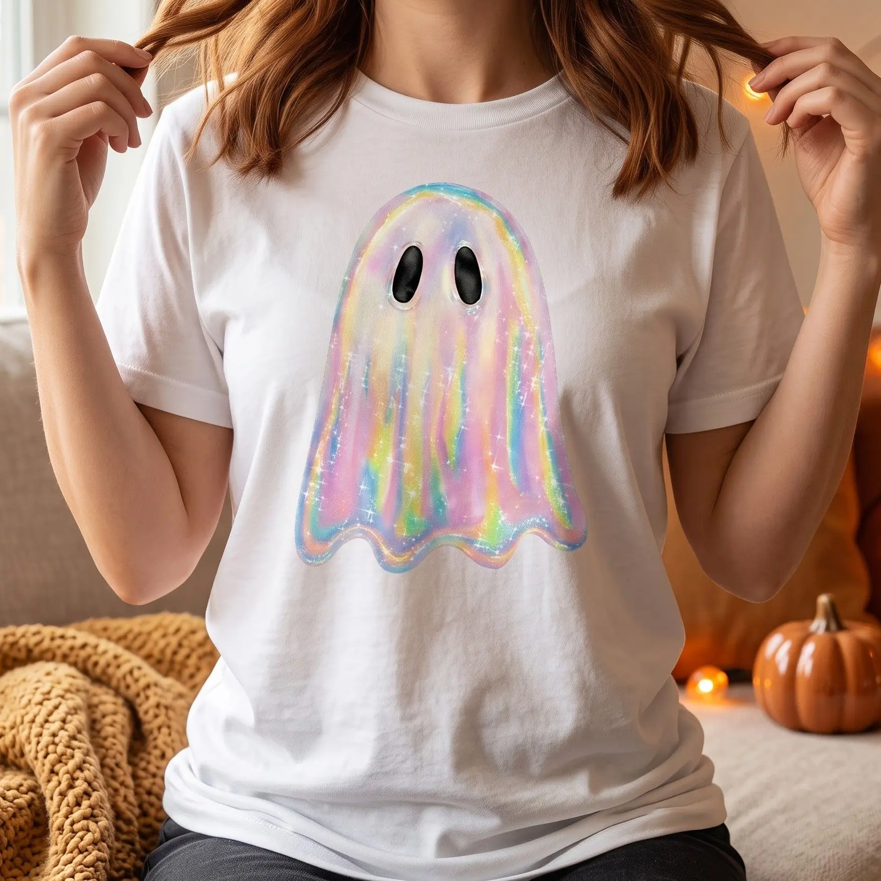 Comfort Colors Shimmering Iridescent Ghost Boo T-Shirt, Cute Spooky Season Halloween Graphic Tee, Women's Unisex Crewneck Fall Shirt