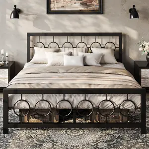 HOOMIC Metal Platform Bed Frame【Frame Only No Mattress】with Vintage Circular Design Headboard and Footboard,Extra Under-Bed Storage,Bedroom Furniture,No Box Spring Needed,Black/Brown,Twin/Full/Queen/King Size