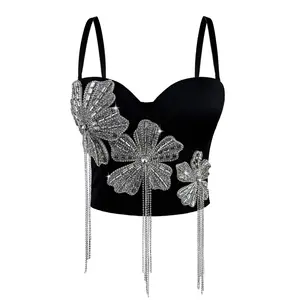 Tank Tops Bra Blusas Short Hand-Stitched Beading Rhinestone Glisten Tassel Vest Sexy Clothes Summer Spring Fishbone Corset Woman Clothing Sling Wedding Party Blind Date Stage Party Shaper Ladies Crop Shirt Tube Tops Womenswear Black Casual Fit Sleeveless