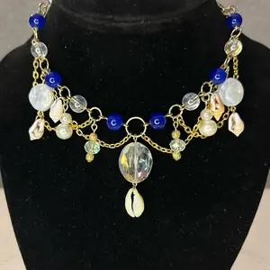 Blue and Gold Ocean Choker with Shells, Chains, Pearls, and Crystals