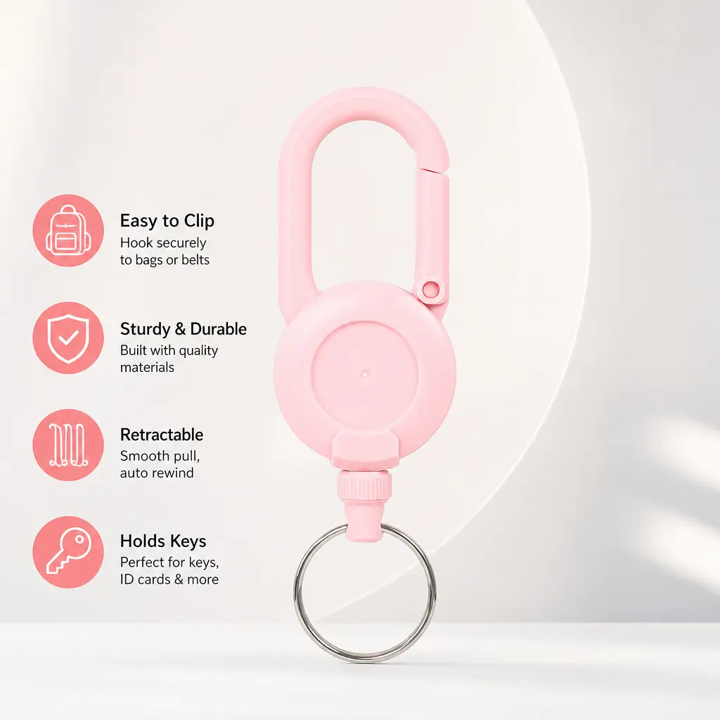 1 Count Retractable Keychain, Plastic Carabiner Hook with Metal Key Ring, Stretchable Structure for Hanging Keys on Bags for Daily Outdoor Use