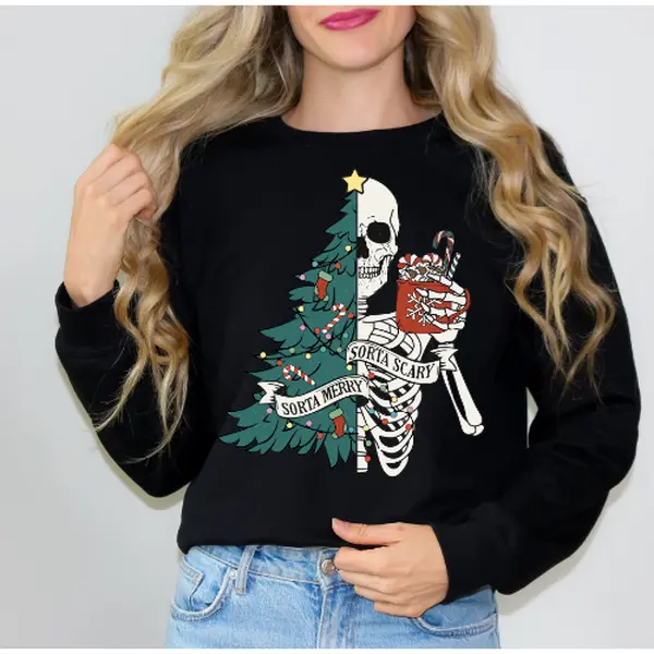 Sorta Merry Sorta Scary Skeleton w/ Cocoa Christmas Sweater, Christmas Tree, Festive, Holiday, Unisex, Gift Fabric Fit Womenswear Casual Comfortable Women