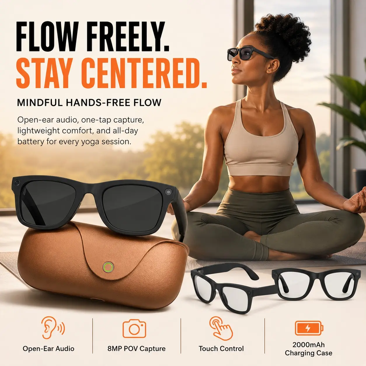 Yoga Ai Smart Sunglasses with Camera, 8mp Photo & 1080P HD Video, Enc Noise Cancellation, 96h Battery, Bluetooth-compatible 5.4, Ip65 Rated, Multifunctional Smart Glasses