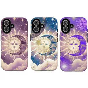 FL-Vintage Mystical Sun & Moon Phone Case,Purple Sun & Moon Celestial Protective Cover For iPhone 11 12 13 14 15 16 17 Air Pro Max for Samsung S26 S25 S24 S23 S22 S21 Case,Gift for her/him