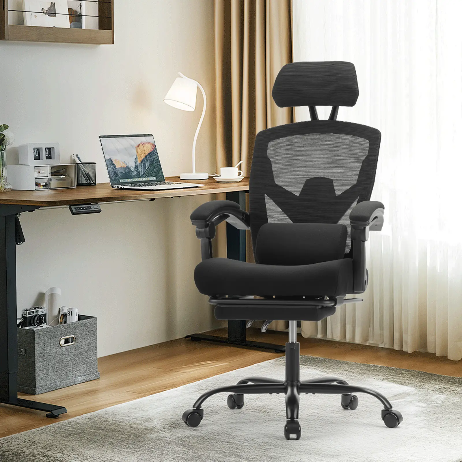 Modern Height Adjustable High Back Ergonomic Single Seat Desk Chair - Lumbar Pillow, Retractable Footrest, Padded Arms, Adjustable Headrest