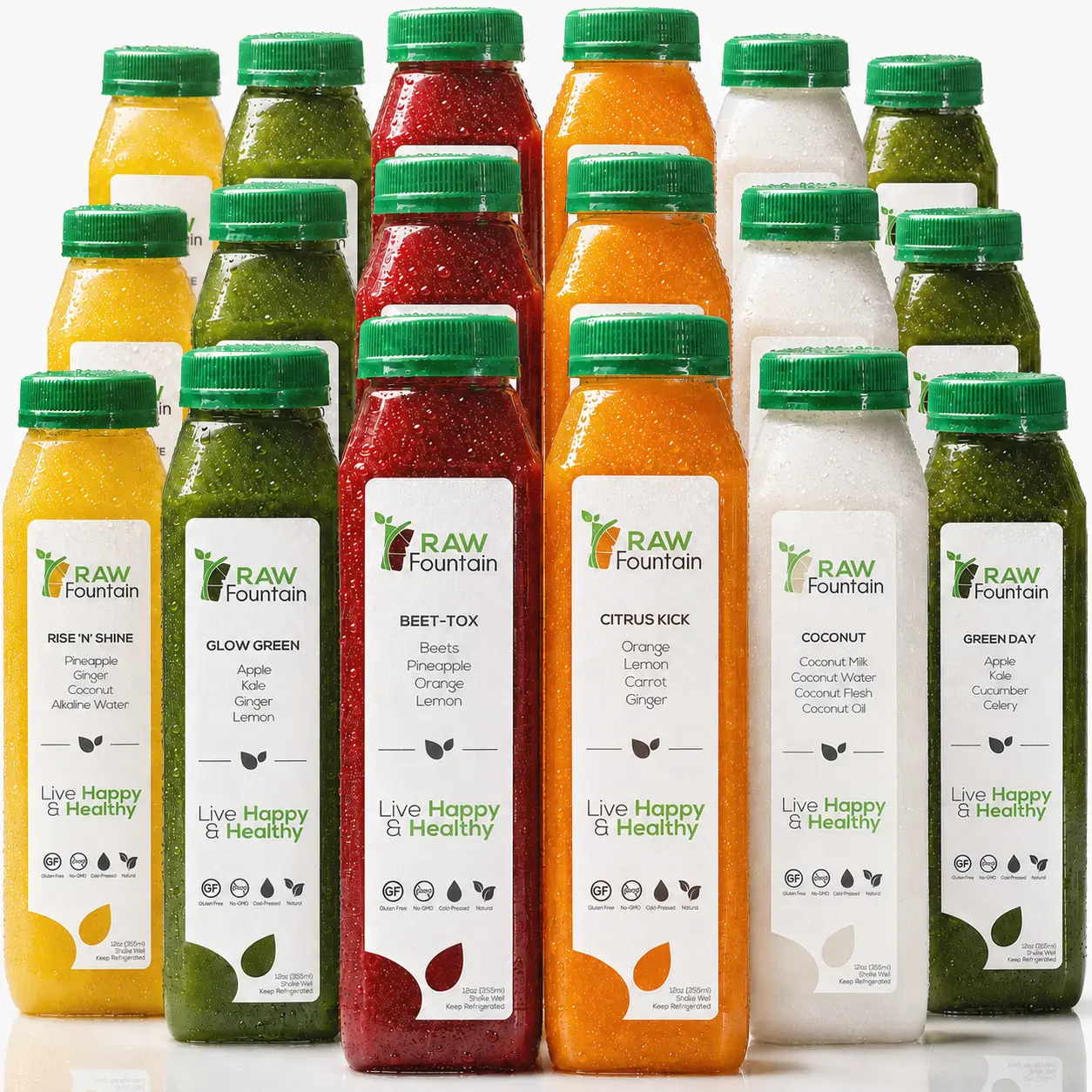 Juice Cleanse Detox by RAW Fountain w/ Coconut, All Natural Cold Pressed Juices, Great Way to Reset Digestion System, 3, 5 and 7 Day, 12oz Bottles