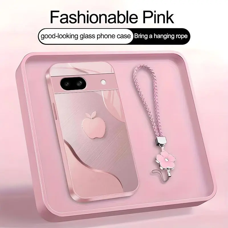 Luxury Faux Brushed Metal Texture Phone Case with Flower Lanyard | Glossy Glass Feel 2D Printed Cover | for [Google Pixel 8a] 952