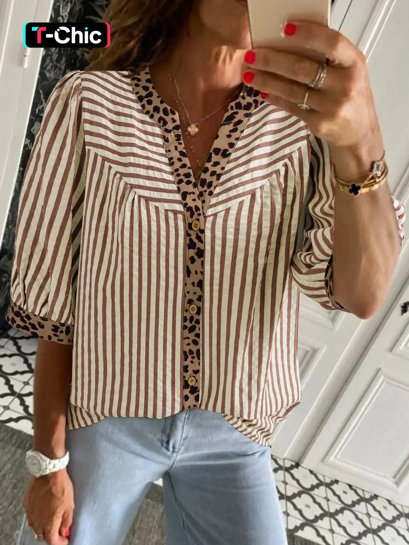Hotapei Summer Fashion Striped Leopard Trim V-Neck Button Half Sleeve Fitted Shirt Blouse Womenswear, Stylish Women's Top, Casual Wear, Trendy Design, Casual Style Shirt