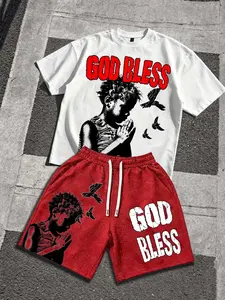American Street Style Stylish God Bless Boy Praying Print Tee + Shorts Set, Fashion Hip Hop Casual Sport Two-Piece, Trendy, Comfortable and Streetwear
