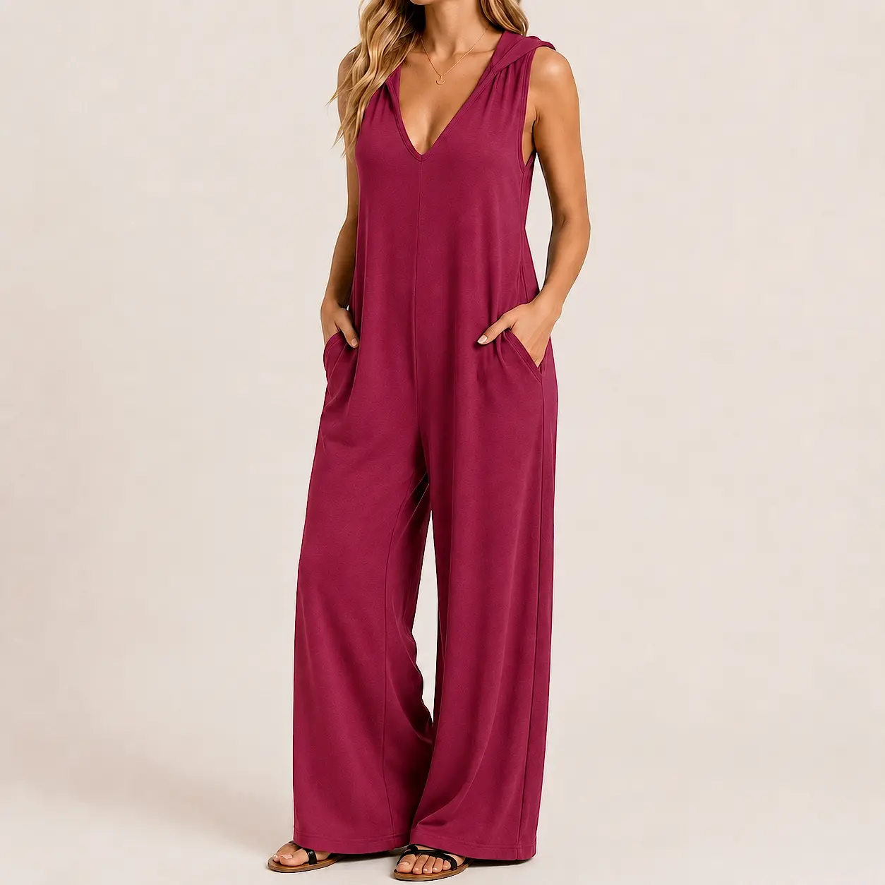 Women’s Sleeveless V Neck Wide Leg Jumpsuit, Casual Elegant Jumpsuit Hoodie with Pockets, Breathable Wide Leg Jumpsuit with hat, Long Daily Outing Wear Women, Durable Casual Summer Outfit, Business Summer Travel