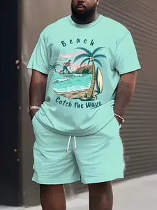 Men's Plus Size Light Blue Tropical Hawaiian Palm Print Round Neck T-Shirt and Shorts Set, Casual Summer Beachwear, Perfect for Sports, Parties, Travel, Menswear