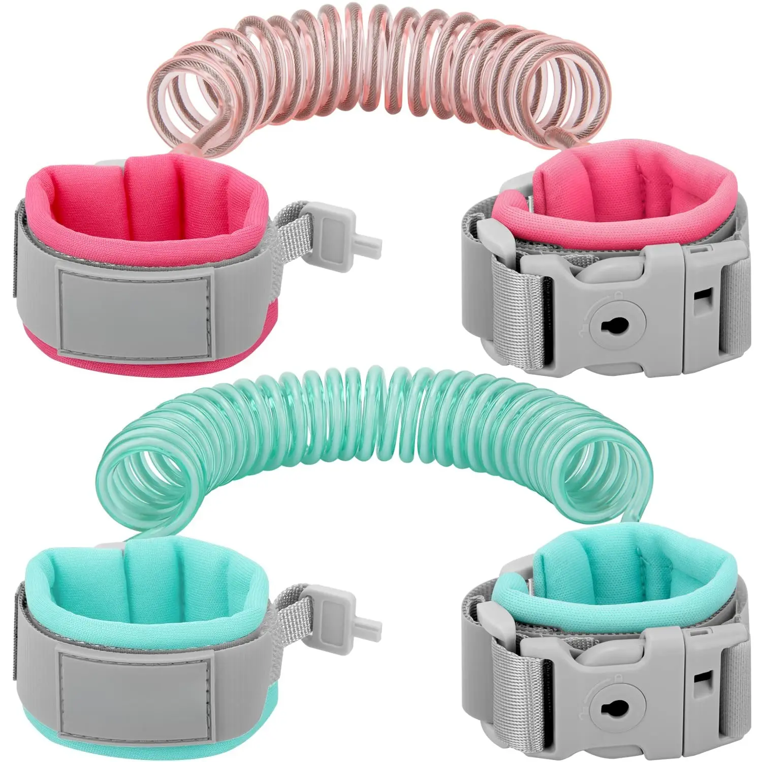 P-LWL04    Toddler Leash, 2 Pack Kid Leash Anti Lost Wrist Link with Key Lock Baby Leash Harness for Toddler (Mint Green+Pink)
