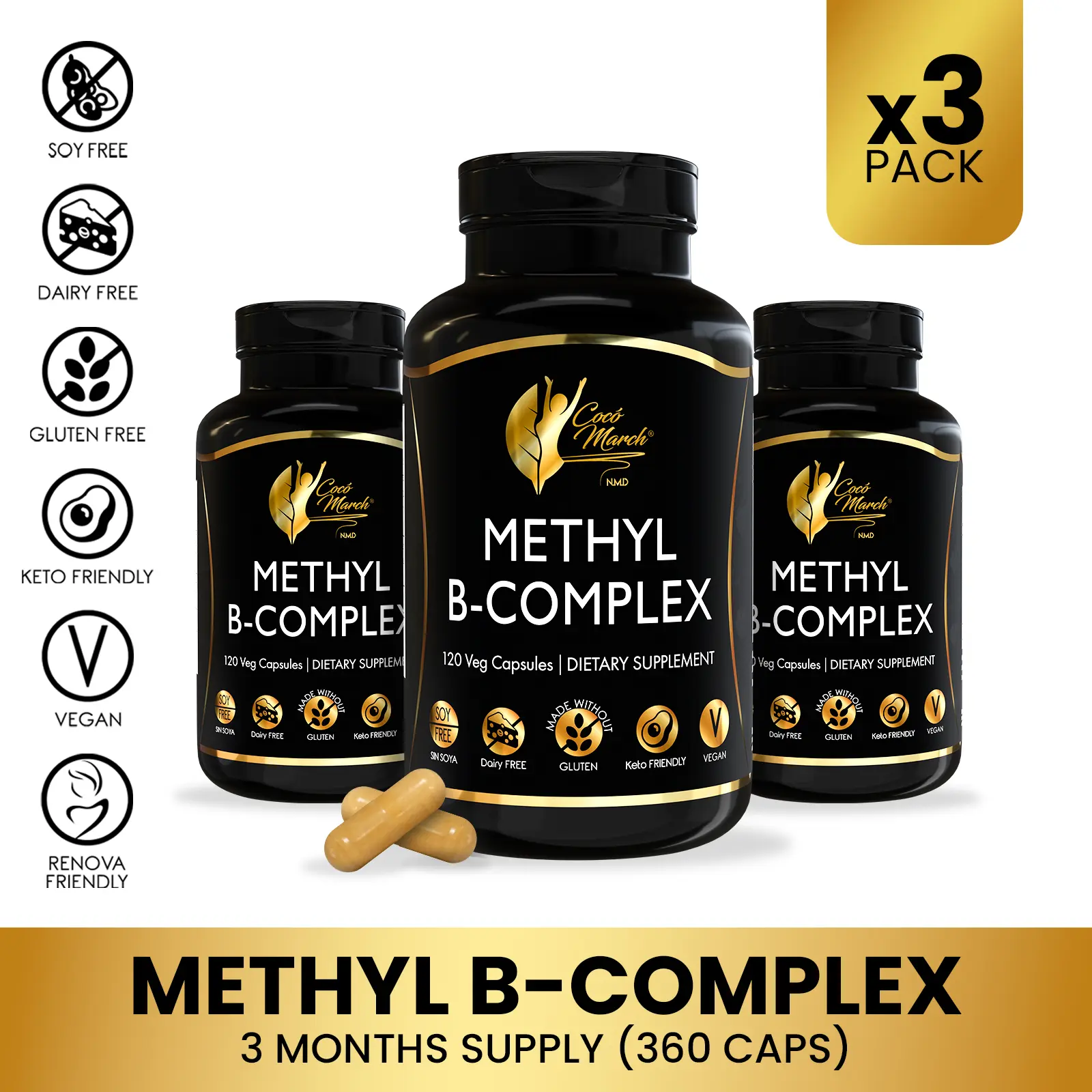 3 Bottles of Cocó March N.M.D B-Complex Activated (Methyl B) Wellness Supplement, Adult Dietary Supplement Edible - 360 Capsules per Pack Gluten Free Vitamins High Dose Vitamin