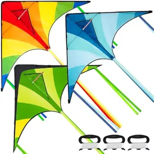 3 Packs Large Delta Kite Green, Blue and Rainbow, Easy to Fly for Kids with 262.5 ft String, Large Delta Beach Kite for Outdoor Games and Activities