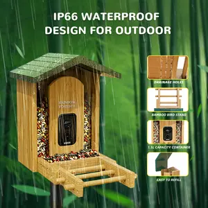 Rainbow Forest Upgraded 1.5L Smart Bird Feeder with AI Identification, Camera for Real-Time Monitoring, Waterproof Design, Ideal Gift for Bird Lovers(Bamboo material) Outdoor Wireless Solar Wi-Fi Smart Bird Feeder Feeding Outside