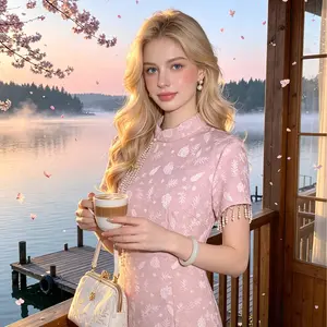 CherrSakura Pink Lace Fringe Pearl Handmade Jacquard Cheongsam · Short Sleeve Waist-Cinching Slit Gentle Girly Neo-Chinese Dress