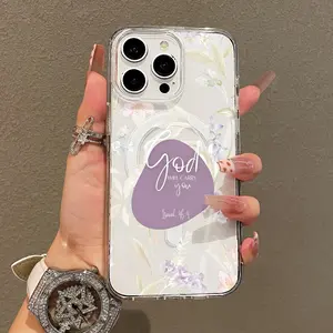 Soft Girl Magnetic Case for iPhone11/12/13/14/15/16/17/promax, Lavender Floral God Will Carry You Phone Case Lightweight, Drop-Proof, MagSafe Compatible | Perfect for Teen Girls