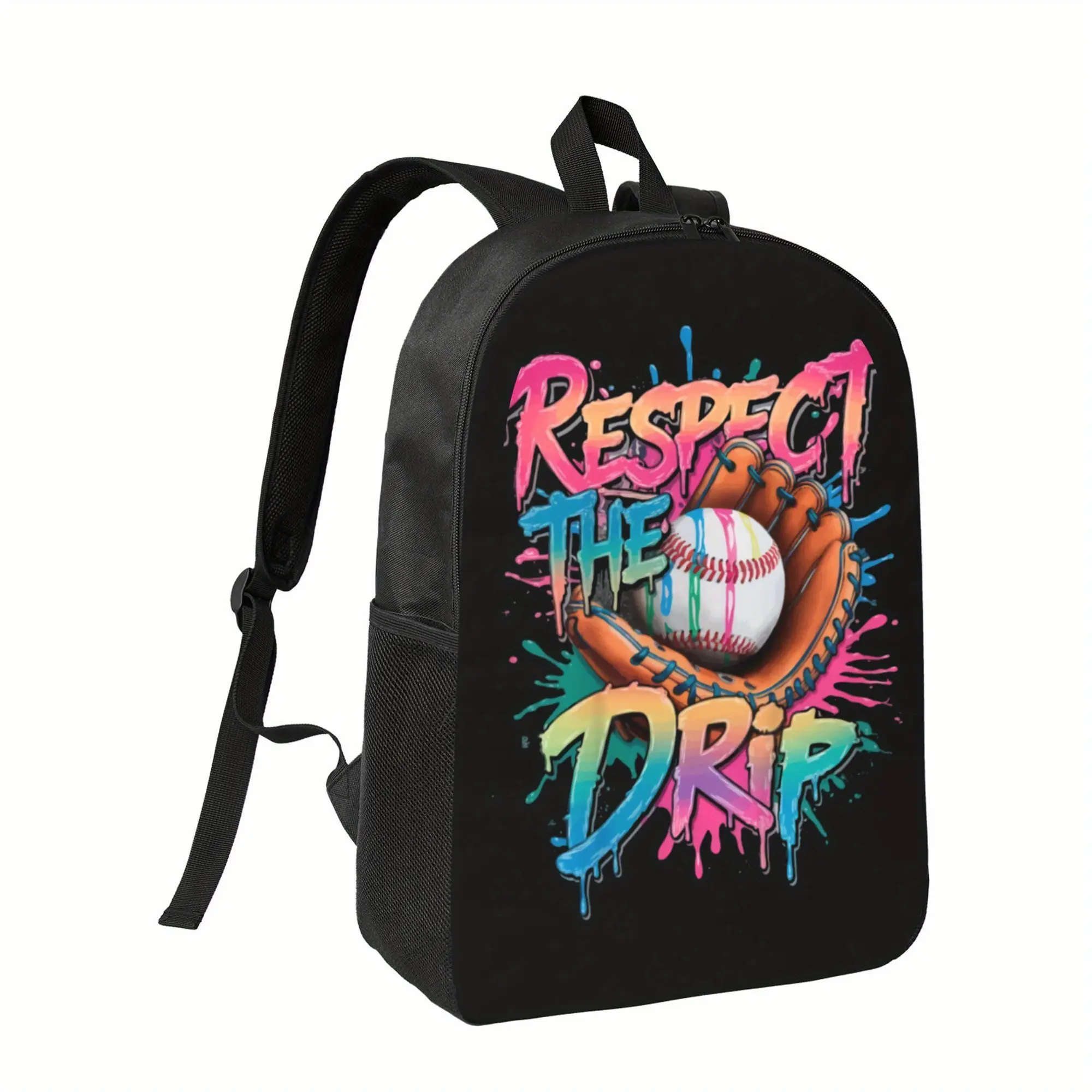 Respect The Drip Baseball Graphic Backpack - Lightweight Polyester School Bag with Adjustable Shoulder Straps, Zipper Closure & Vibrant Graffiti Print for Teens, Casual Daypack (Black), for Teenager